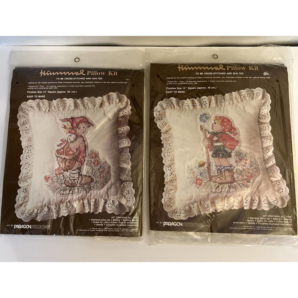 Pair Of 2 Vintage 1983 Paragon Needlecraft Hummel Pillow Kits Peasant Boy & Girl